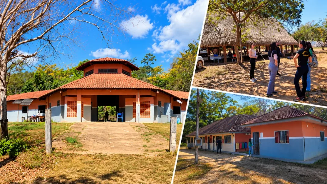Educação infantil indígena em Cacoal: montagem com três fotografias de edificações e visita em comunidade.
