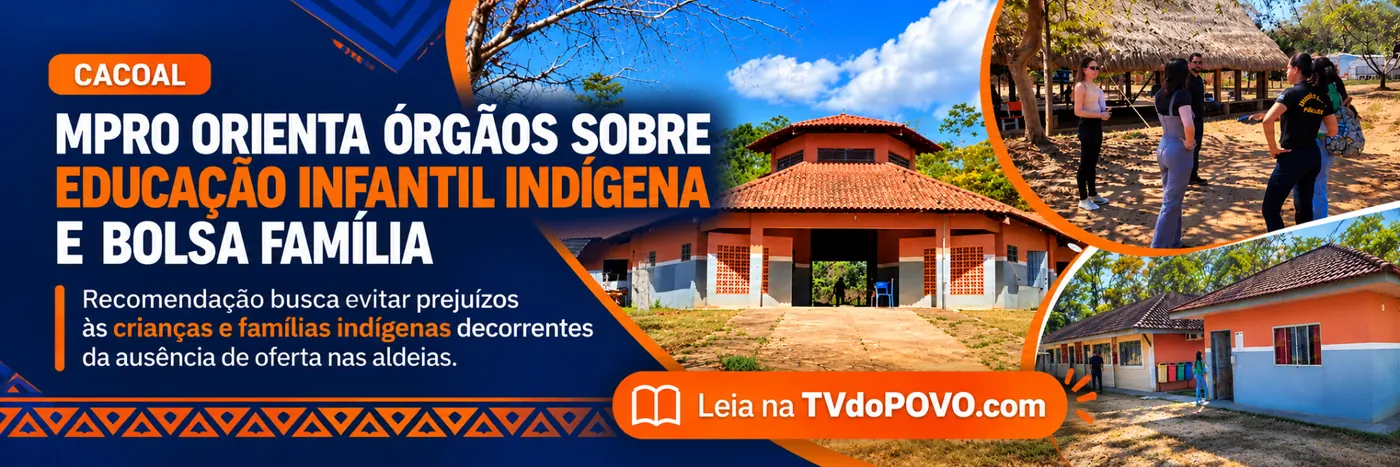 Faixa editorial com registros de edificações e visita relacionados à educação infantil indígena em Cacoal.