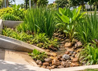 Porto Velho inicia limpeza de jardins de chuva e retira 2 mil litros de resíduos Jardim de chuva urbano ilustra manutenção preventiva de estruturas de drenagem em Porto Velho.