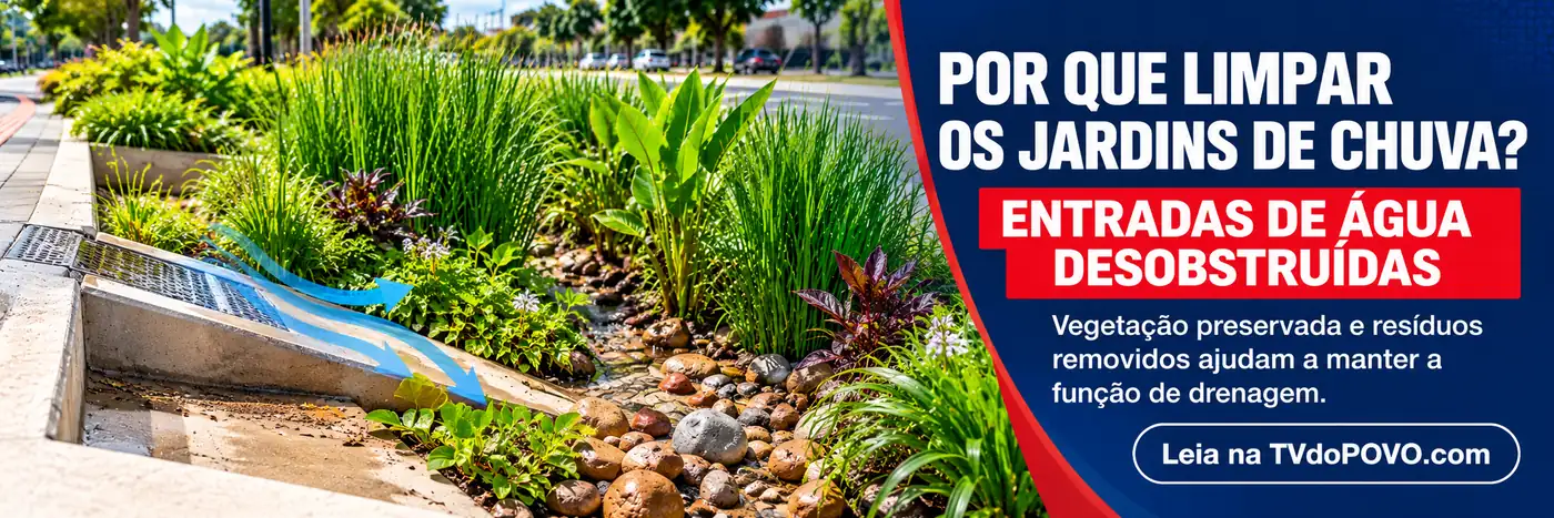 Faixa explica a limpeza das entradas de água e preservação da vegetação nos jardins de chuva.