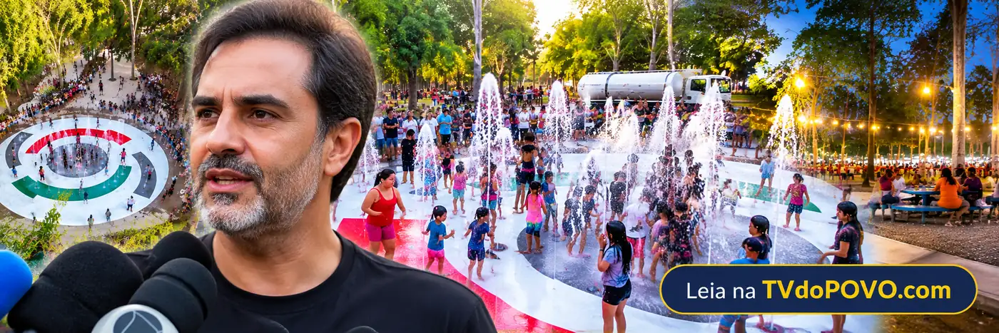 Prefeito Léo Moraes em entrevista, em composição editorial com a fonte interativa e a área de convivência do Parque Circuito