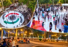 Parque Circuito atrai mais de 15 mil visitantes na reabertura em Porto Velho Composição editorial com vista aérea da fonte interativa, famílias na água e parque iluminado à noite