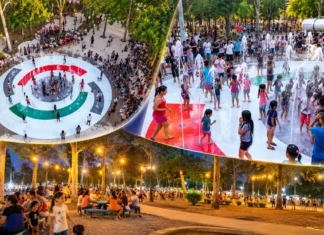 Parque Circuito atrai mais de 15 mil visitantes na reabertura em Porto Velho Composição editorial com vista aérea da fonte interativa, famílias na água e parque iluminado à noite