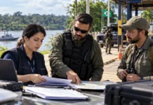 Senado aprova adicional de fronteira de R$ 191; veja regras para RO Composição ilustrativa sobre adicional de fronteira, com profissionais de fiscalização analisando documentos e mapa em área fluvial amazônica.