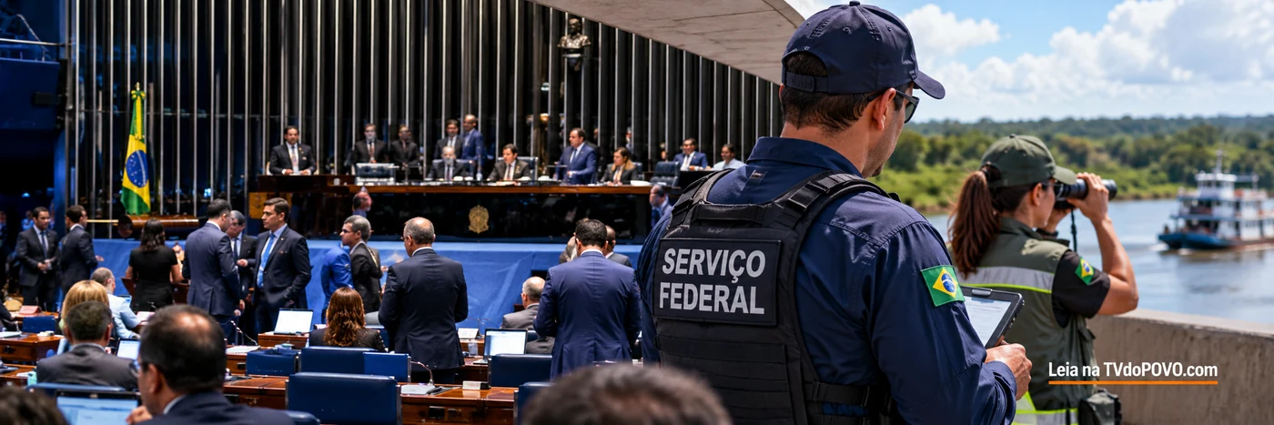 Faixa ilustrativa sobre adicional de fronteira: composição de plenário legislativo e profissionais federais junto a rio amazônico, com assinatura Leia na TVdoPOVO.com.