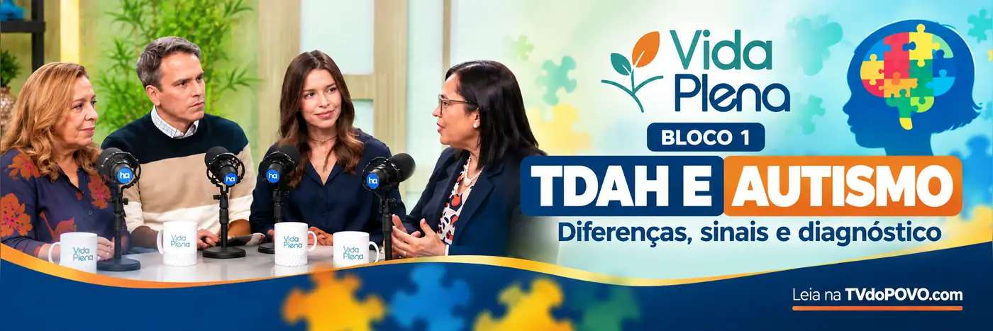 Vida Plena — bloco 1: diferenças entre TDAH e autismo Faixa ilustrativa do bloco 1 do Vida Plena com participantes em estúdio e texto TDAH e autismo: diferenças, sinais e diagnóstico.