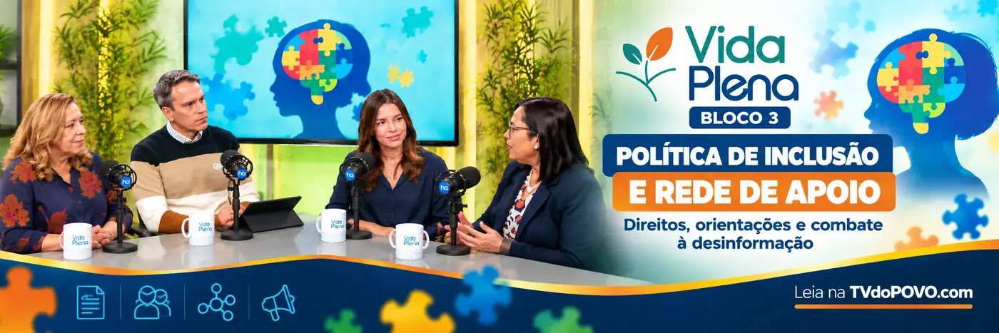 Vida Plena — bloco 3: política de inclusão e rede de apoio Faixa ilustrativa do bloco 3 do Vida Plena com participantes no estúdio e título Política de inclusão e rede de apoio, direitos e combate à desinformação.