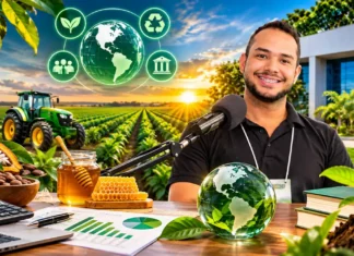ESG no agronegócio: pesquisa da UNIR analisa empresas do G20 Capa ilustrativa do RuralCast com pesquisador diante de lavoura, trator, globo ambiental, gráficos, produtos do campo e referências à sustentabilidade.