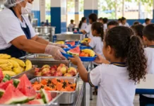 Lanche Extra atende 44.355 alunos em Porto Velho após um ano Ilustração de profissional servindo frutas a estudante em refeitório escolar, relacionada ao programa Lanche Extra em Porto Velho.