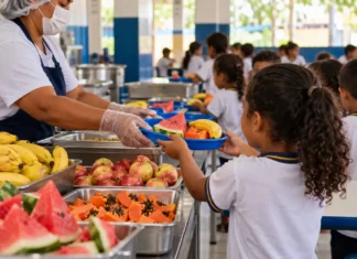 Lanche Extra atende 44.355 alunos em Porto Velho após um ano Ilustração de profissional servindo frutas a estudante em refeitório escolar, relacionada ao programa Lanche Extra em Porto Velho.