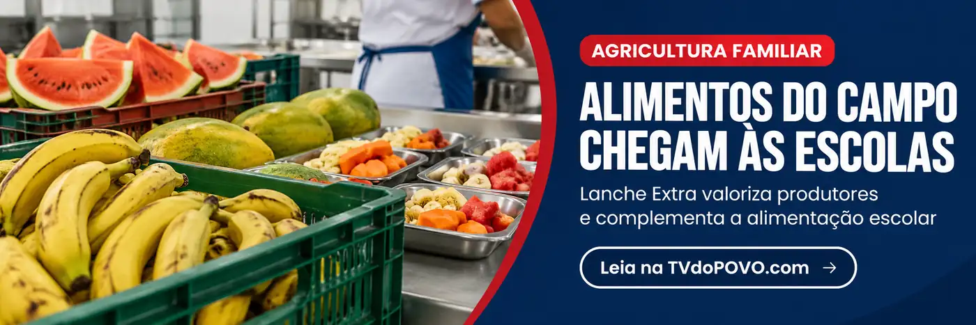 Faixa ilustrativa com frutas da agricultura familiar para reportagem sobre o Lanche Extra em Porto Velho.
