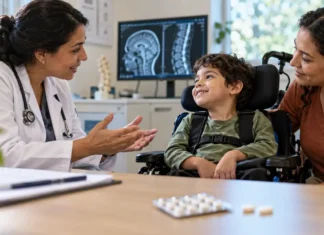 Anvisa aprova Evrysdi Go em comprimido para tratar AME 5q Imagem ilustrativa de médica atendendo criança em cadeira de rodas, em reportagem sobre o Evrysdi Go para tratamento da AME 5q.