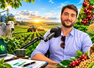 RuralCast: FAPERON alerta sobre crédito e custos no agro Agronegócio de Rondônia em ilustração editorial com entrevista em microfone, lavouras, pecuária, colheita e gráficos de custos.