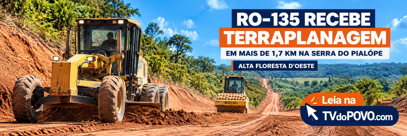 Faixa ilustrativa de serviços de terraplanagem, com maquinário, estrada rural e assinatura Leia na TVdoPOVO.com.
