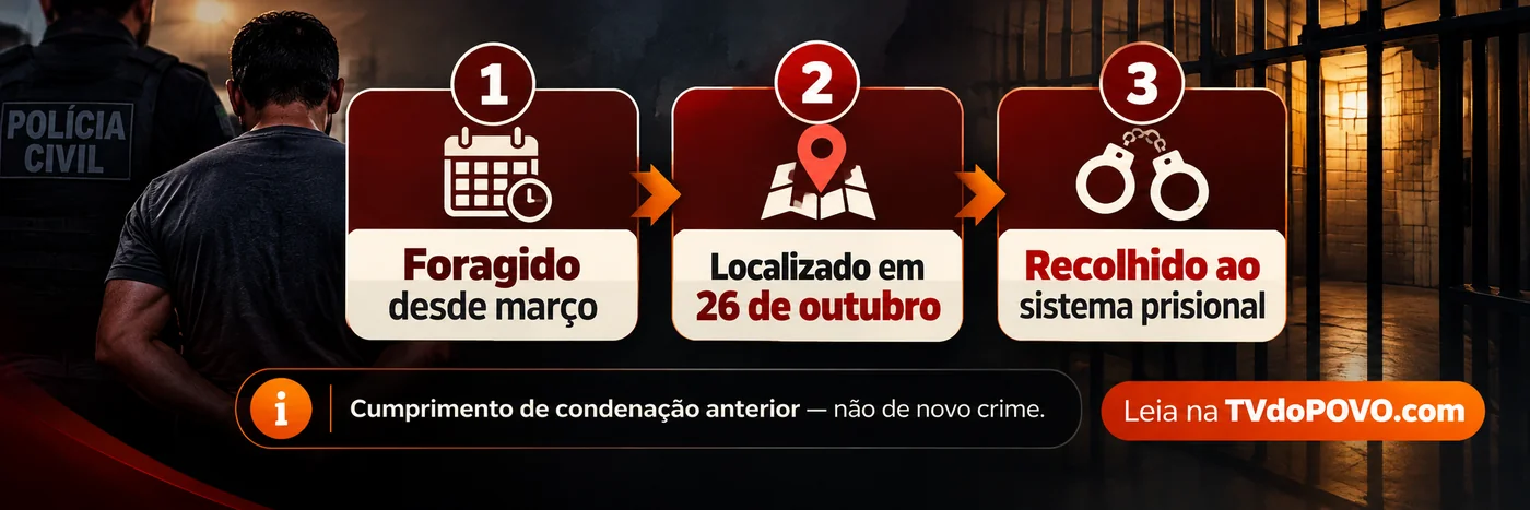 Infográfico apresenta condenado foragido desde março, localizado em 26 de outubro e recolhido ao sistema prisional por condenação anterior.