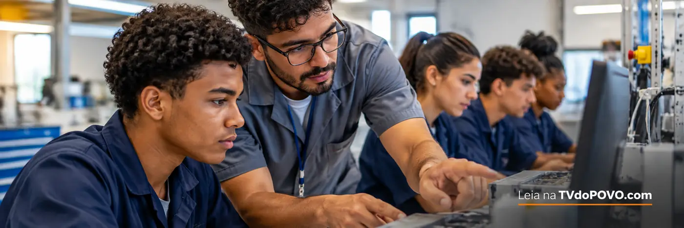 Faixa ilustrativa sobre qualificação de jovens, com instrutor orientando aluno em atividade técnica diante de computador.