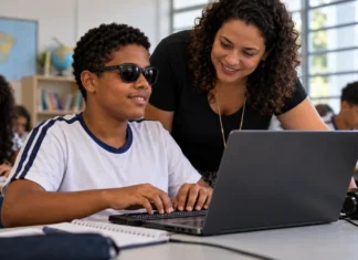 Acessibilidade em sites escolares avança na Câmara dos Deputados Estudante com deficiência visual usa notebook e teclado braile com apoio de educadora em sala de aula ilustrativa.