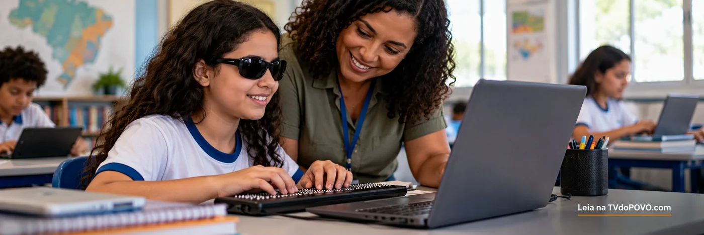 Faixa ilustrativa sobre acessibilidade em sites escolares, com estudante usando teclado braile e notebook ao lado de professora; assinatura Leia na TVdoPOVO.com.