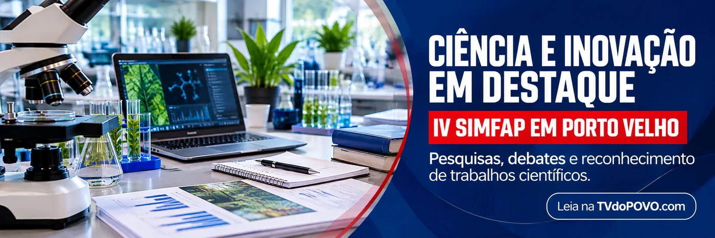 Faixa editorial sobre o IV Simfap em Porto Velho, com representação de pesquisa científica e inovação.