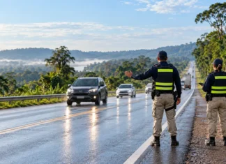 PRF reforça fiscalização em Rondônia durante o feriado de Finados Agentes da PRF vistos de costas orientam o tráfego em rodovia com carros e viatura