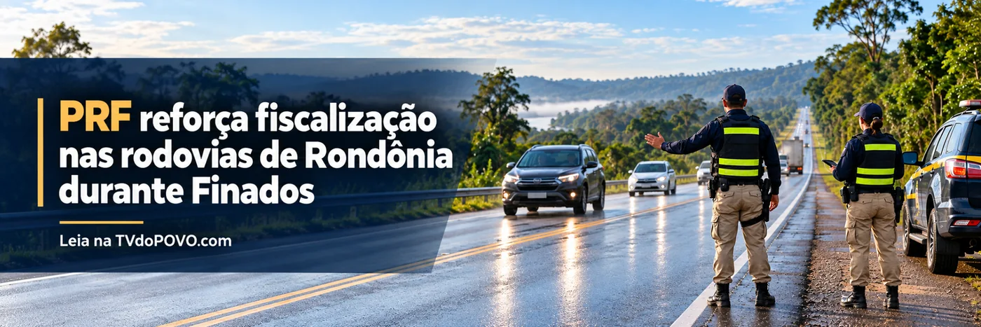 Faixa ilustrativa mostra agentes da PRF de costas, viatura e veículos em rodovia de Rondônia