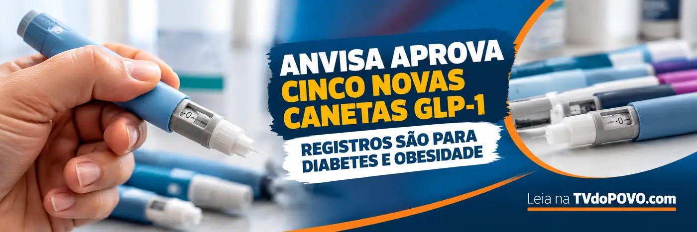 Faixa ilustrativa com mão segurando caneta injetora genérica e manchete Anvisa aprova cinco novas canetas GLP-1 para diabetes e obesidade.