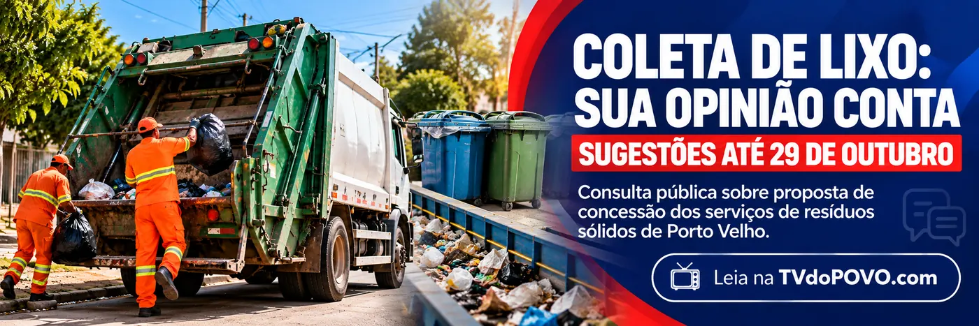 Faixa sobre consulta pública de coleta de lixo em Porto Velho, com prazo para envio de sugestões até 29 de outubro.