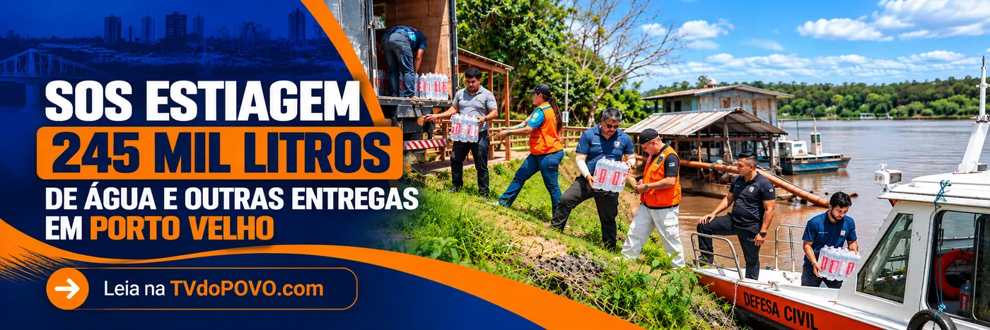 Faixa editorial TVdoPOVO sobre o SOS Estiagem mostra equipe de apoio distribuindo água junto a embarcação da Defesa Civil.