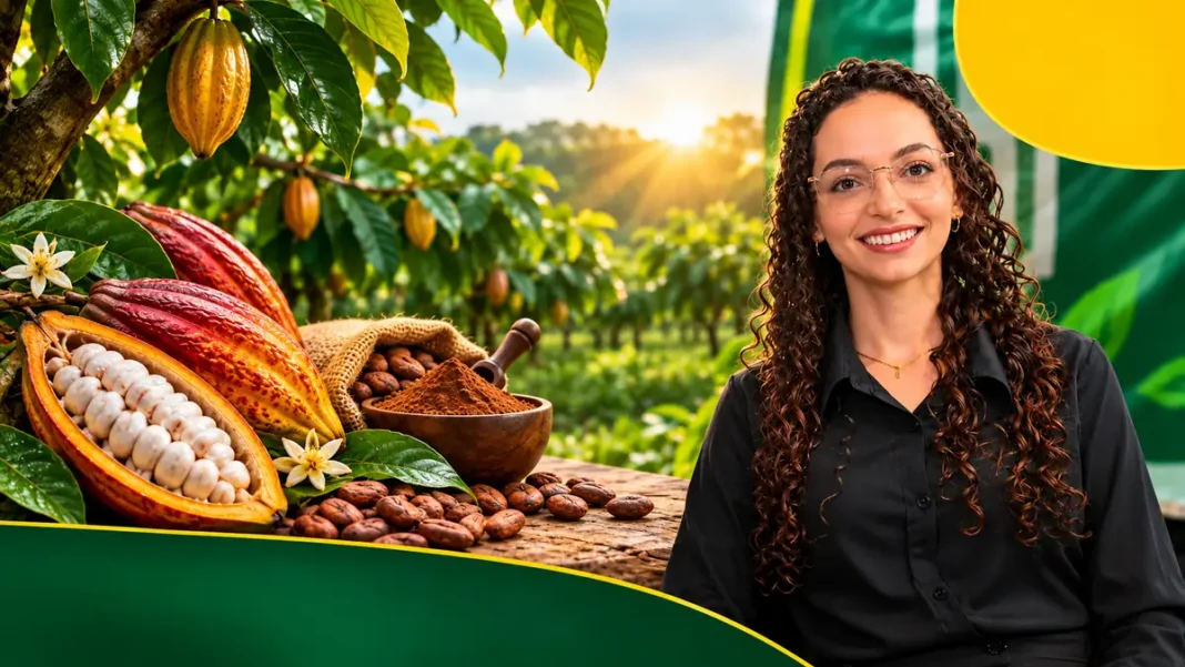 Cacau de Rondônia: pesquisa e rastreabilidade no RuralCast Cacau de Rondônia: ilustração com pesquisadora, frutos abertos, amêndoas e lavoura cacaueira ao fundo.