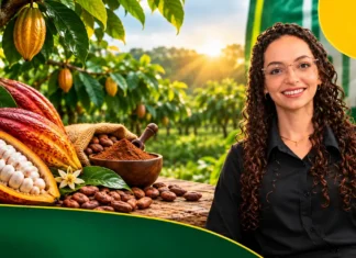 Cacau de Rondônia: pesquisa mira rastreabilidade e novos mercados Cacau de Rondônia: ilustração com pesquisadora, frutos abertos, amêndoas e lavoura cacaueira ao fundo.
