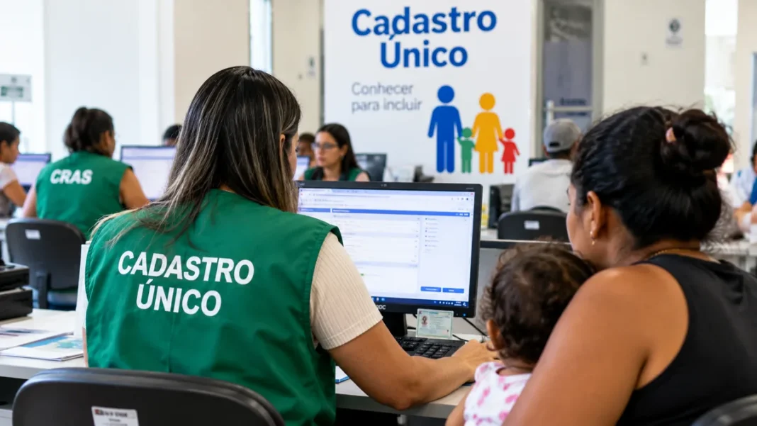 Cadastro Único — atendimento ilustrativo Ilustração de atendimento do Cadastro Único em ambiente de assistência social.