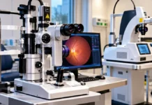Hospital de Base recebe dois aparelhos para tratamentos dos olhos Ilustração de equipamentos oftalmológicos em ambiente clínico para notícia de entrega ao Hospital de Base de Rondônia.