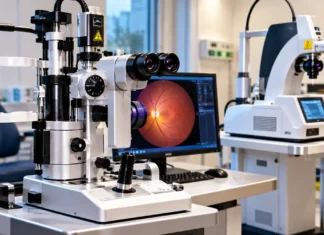 Hospital de Base recebe dois aparelhos para tratamentos dos olhos Ilustração de equipamentos oftalmológicos em ambiente clínico para notícia de entrega ao Hospital de Base de Rondônia.