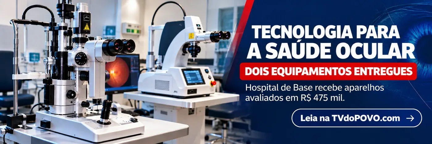Faixa editorial ilustrativa sobre entrega de dois equipamentos oftalmológicos ao Hospital de Base de Rondônia.