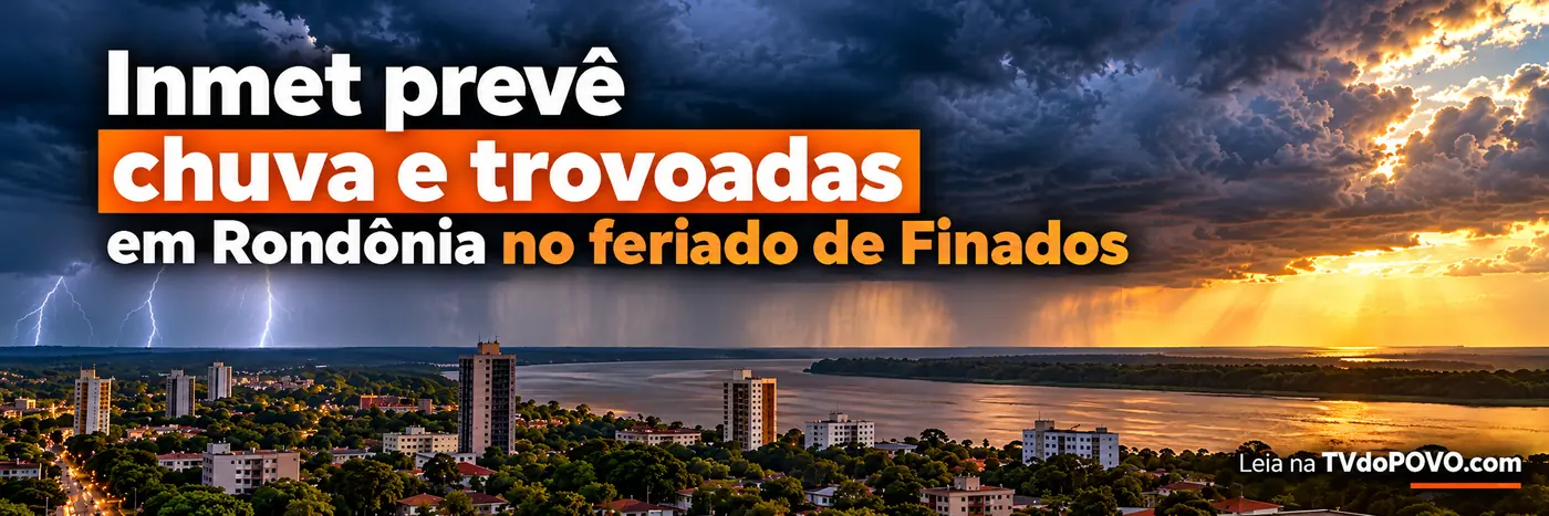 Faixa ilustrativa com nuvens de tempestade, relâmpagos e panorama ribeirinho, manchete do Inmet sobre chuva em Rondônia e assinatura TVdoPOVO.