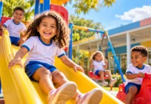 Porto Velho publica licitações de R$ 22,1 milhões para quatro creches Creches em Porto Velho: imagem ilustrativa de crianças brincando em parquinho com escorregador e brinquedos coloridos