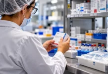 Anvisa suspende lotes de medicamentos para câncer e soro Profissional de saúde com máscara confere caixa de medicamento genérico diante de suprimentos hospitalares, em imagem ilustrativa.
