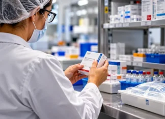 Anvisa suspende lotes de medicamentos para câncer e soro Profissional de saúde com máscara confere caixa de medicamento genérico diante de suprimentos hospitalares, em imagem ilustrativa.