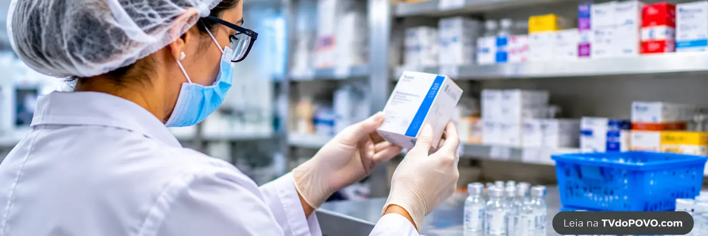 Anvisa suspende lotes: composição ilustrativa de profissional de saúde conferindo caixa genérica de medicamento em farmácia hospitalar