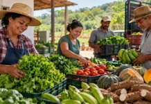 PNAE prioriza agricultores locais em compras para escolas Agricultores familiares organizam alface, banana, tomate, mandioca e abóbora em uma feira rural ilustrativa.