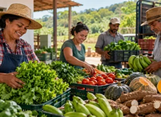 PNAE prioriza agricultores locais em compras para escolas Agricultores familiares organizam alface, banana, tomate, mandioca e abóbora em uma feira rural ilustrativa.
