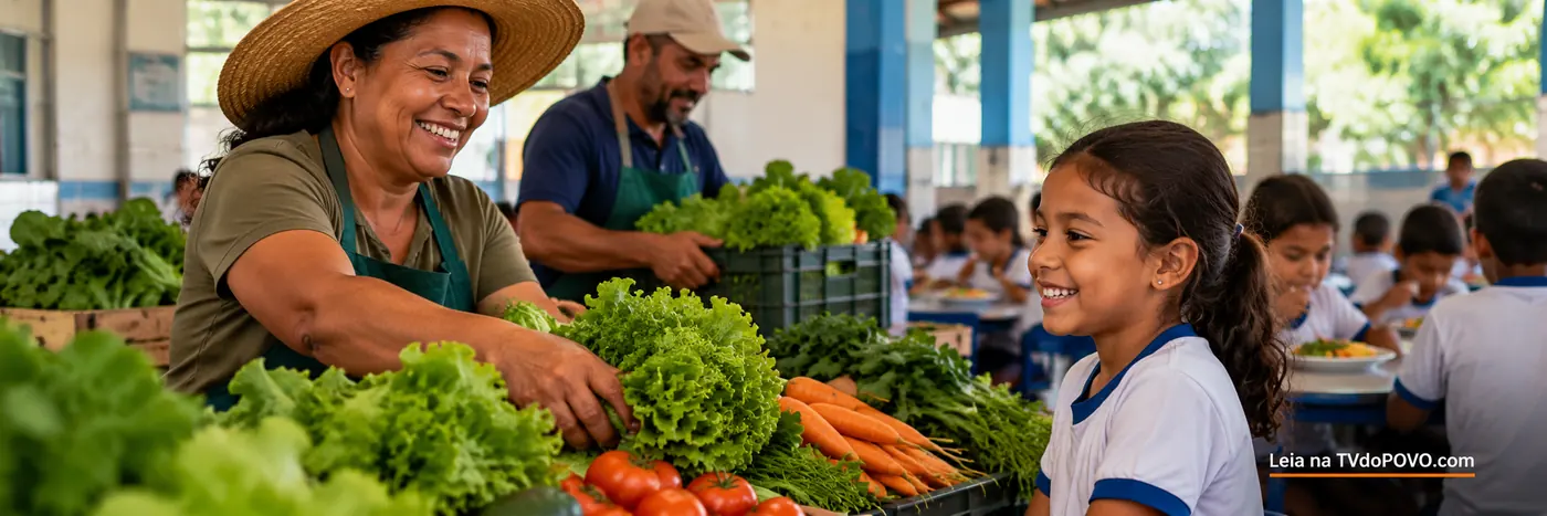 Arte ilustrativa sobre agricultura familiar no PNAE, com agricultora organizando verduras diante de estudante em refeitório escolar.
