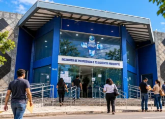 Concurso do IPAM em Porto Velho abre inscrições em 3 de novembro Composição ilustrativa com pessoas chegando à fachada azul do IPAM em Porto Velho
