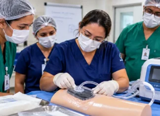 Hospital de Base capacita enfermeiros para curativo a vácuo Ilustração editorial de uma equipe de saúde treinando curativo a vácuo em simulador anatômico.