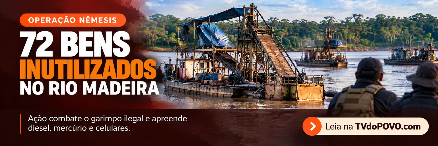Faixa ilustrativa sobre a Operação Nêmesis com 72 bens inutilizados no Rio Madeira e materiais apreendidos