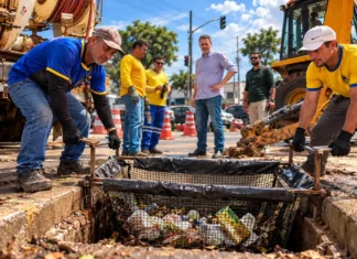 Prefeitura avalia rede de 305 ecobueiros em Porto Velho Ecobueiros em Porto Velho em composição ilustrativa de trabalhadores realizando limpeza e avaliação de cesto de retenção de resíduos em via urbana.