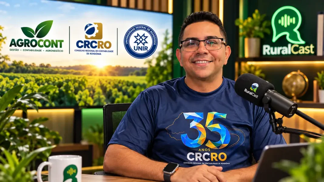 Victor Morelly em composição ilustrativa de entrevista do RuralCast sobre ações sociais do CRCRO, no contexto do Agro&Cont 2026 em Cacoal.