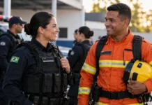 Saúde mental na segurança pública avança em comissão da Câmara Policial e bombeiro conversam em ambiente de trabalho, em imagem ilustrativa sobre o cuidado com a saúde mental dos profissionais da segurança pública.