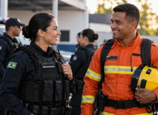 Saúde mental na segurança pública avança em comissão da Câmara Policial e bombeiro conversam em ambiente de trabalho, em imagem ilustrativa sobre o cuidado com a saúde mental dos profissionais da segurança pública.