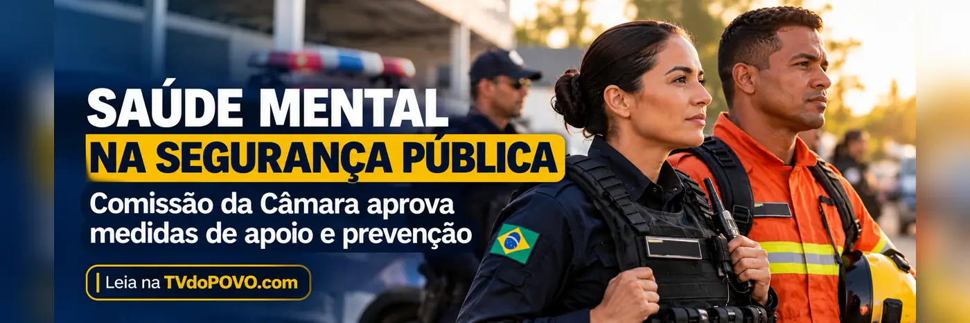 Faixa editorial ilustrativa com policial e bombeiro, título Saúde mental na segurança pública e chamada sobre medidas de apoio e prevenção aprovadas em comissão.